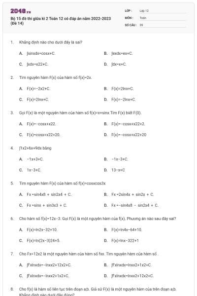 Bộ 15 đề thi giữa kì 2 Toán 12 có đáp án năm 2022-2023 (Đề 14)