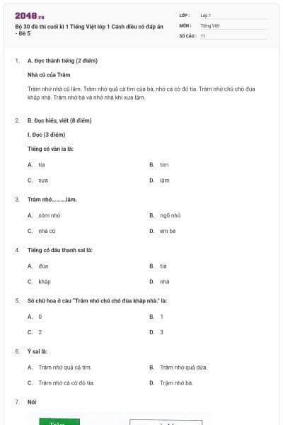 Bộ 30 đề thi cuối kì 1 Tiếng Việt lớp 1 Cánh diều có đáp án - Đề 5