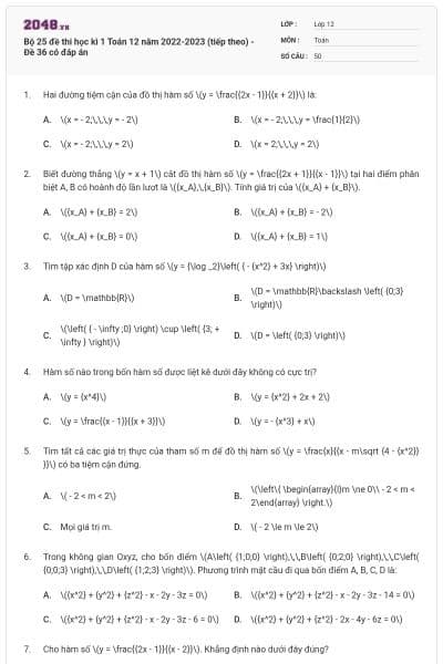 Bộ 25 đề thi học kì 1 Toán 12 năm 2022-2023 (tiếp theo) - Đề 36 có đáp án