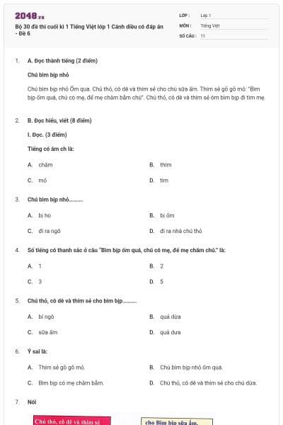 Bộ 30 đề thi cuối kì 1 Tiếng Việt lớp 1 Cánh diều có đáp án - Đề 6