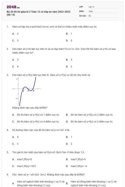Bộ 20 đề thi giữa kì 2 Toán 12 có đáp án năm 2022-2023 (Đề 14)