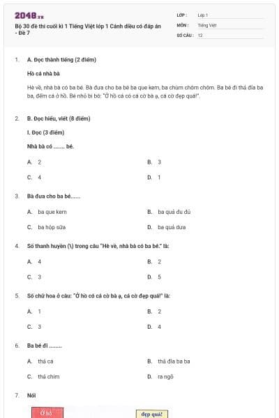 Bộ 30 đề thi cuối kì 1 Tiếng Việt lớp 1 Cánh diều có đáp án - Đề 7