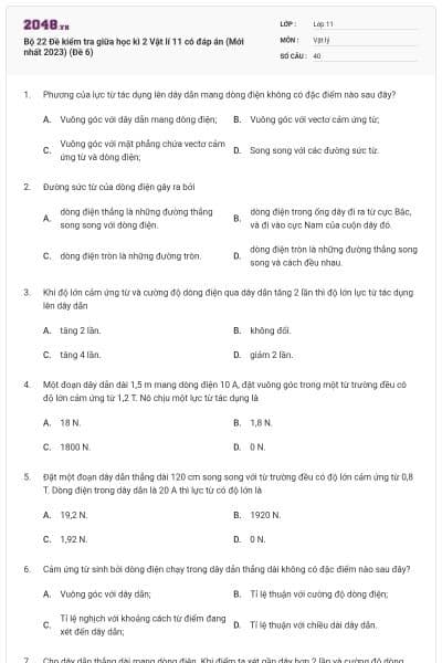 Bộ 22 Đề kiểm tra giữa học kì 2 Vật lí 11 có đáp án (Mới nhất 2023) (Đề 6)