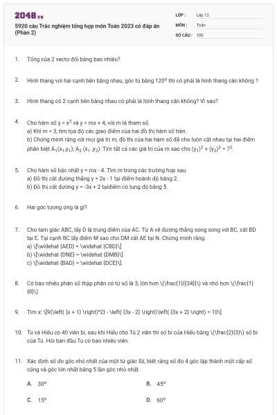 5920 câu Trắc nghiệm tổng hợp môn Toán 2023 có đáp án (Phần 2)