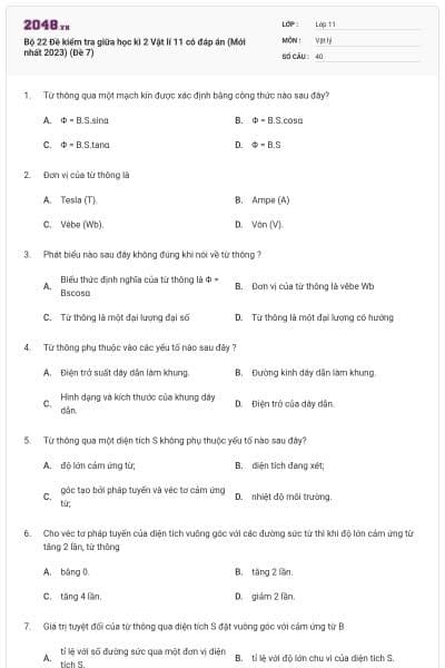 Bộ 22 Đề kiểm tra giữa học kì 2 Vật lí 11 có đáp án (Mới nhất 2023) (Đề 7)