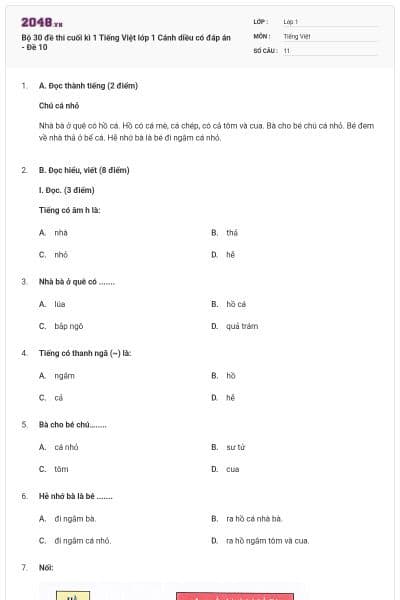 Bộ 30 đề thi cuối kì 1 Tiếng Việt lớp 1 Cánh diều có đáp án - Đề 10