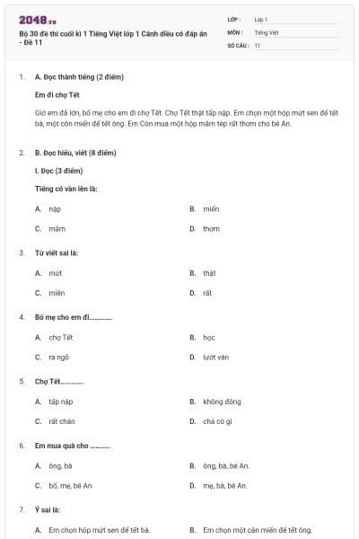 Bộ 30 đề thi cuối kì 1 Tiếng Việt lớp 1 Cánh diều có đáp án - Đề 11