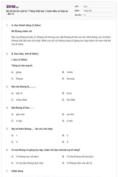 Bộ 30 đề thi cuối kì 1 Tiếng Việt lớp 1 Cánh diều có đáp án - Đề 12