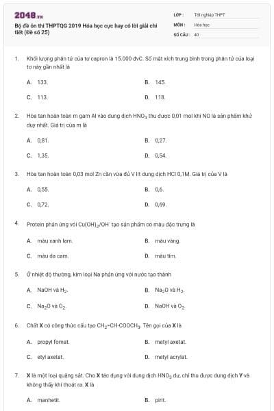 Bộ đề ôn thi THPTQG 2019 Hóa học cực hay có lời giải chi tiết (Đề số 25)