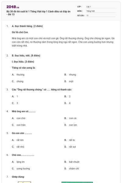 Bộ 30 đề thi cuối kì 1 Tiếng Việt lớp 1 Cánh diều có đáp án - Đề 13