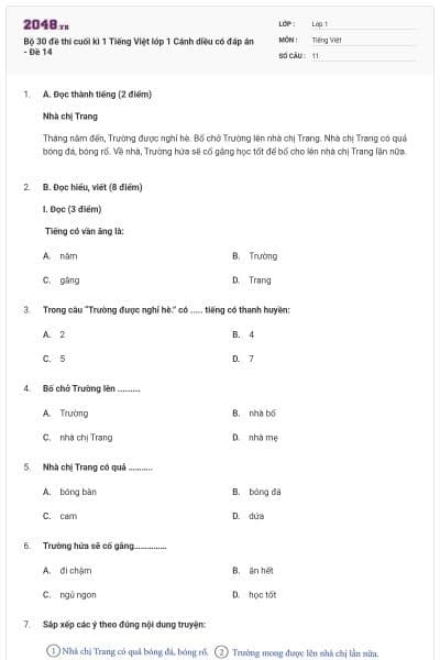 Bộ 30 đề thi cuối kì 1 Tiếng Việt lớp 1 Cánh diều có đáp án - Đề 14