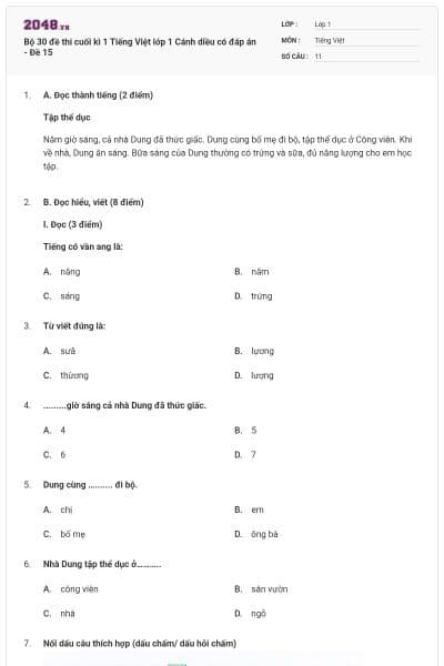 Bộ 30 đề thi cuối kì 1 Tiếng Việt lớp 1 Cánh diều có đáp án - Đề 15