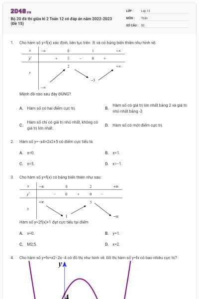 Bộ 20 đề thi giữa kì 2 Toán 12 có đáp án năm 2022-2023 (Đề 15)