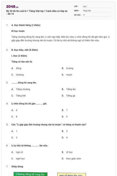 Bộ 30 đề thi cuối kì 1 Tiếng Việt lớp 1 Cánh diều có đáp án - Đề 16