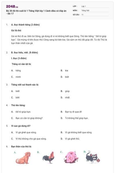 Bộ 30 đề thi cuối kì 1 Tiếng Việt lớp 1 Cánh diều có đáp án - Đề 17