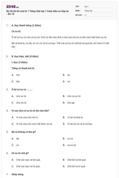 Bộ 30 đề thi cuối kì 1 Tiếng Việt lớp 1 Cánh diều có đáp án - Đề 18