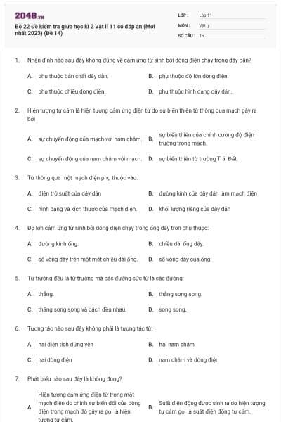 Bộ 22 Đề kiểm tra giữa học kì 2 Vật lí 11 có đáp án (Mới nhất 2023) (Đề 14)