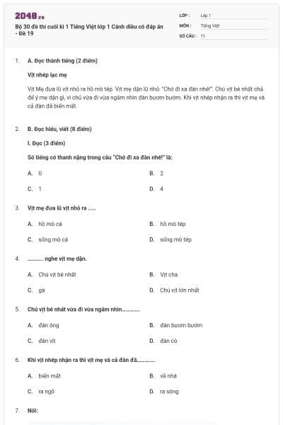 Bộ 30 đề thi cuối kì 1 Tiếng Việt lớp 1 Cánh diều có đáp án - Đề 19