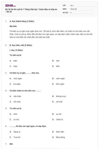 Bộ 30 đề thi cuối kì 1 Tiếng Việt lớp 1 Cánh diều có đáp án - Đề 20