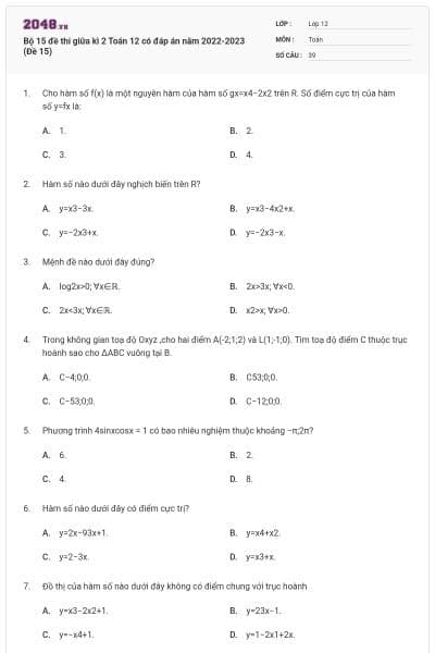 Bộ 15 đề thi giữa kì 2 Toán 12 có đáp án năm 2022-2023 (Đề 15)