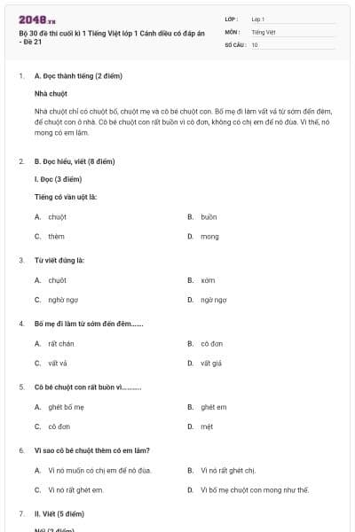 Bộ 30 đề thi cuối kì 1 Tiếng Việt lớp 1 Cánh diều có đáp án - Đề 21