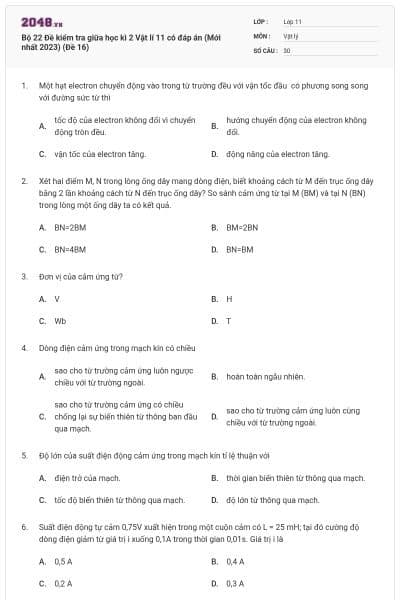 Bộ 22 Đề kiểm tra giữa học kì 2 Vật lí 11 có đáp án (Mới nhất 2023) (Đề 16)