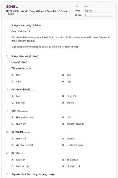 Bộ 30 đề thi cuối kì 1 Tiếng Việt lớp 1 Cánh diều có đáp án - Đề 22