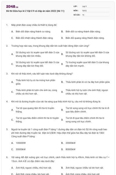 Đề thi Giữa học kì 2 Vật lí 9 có đáp án năm 2022 (Đề 11)