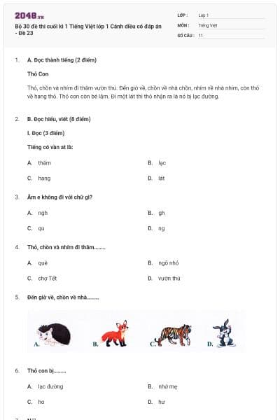 Bộ 30 đề thi cuối kì 1 Tiếng Việt lớp 1 Cánh diều có đáp án - Đề 23