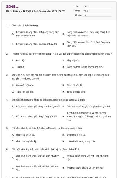 Đề thi Giữa học kì 2 Vật lí 9 có đáp án năm 2022 (Đề 12)