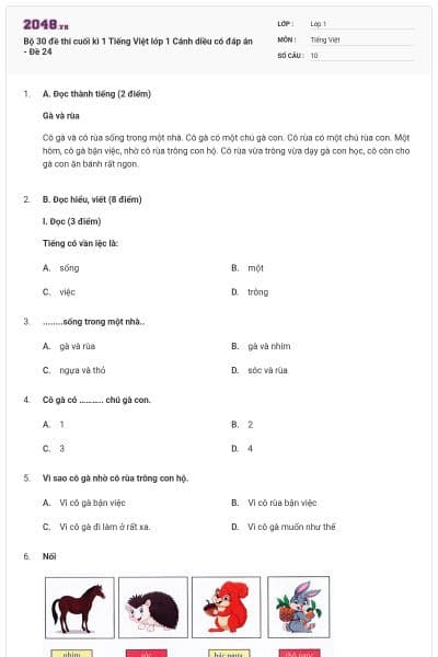 Bộ 30 đề thi cuối kì 1 Tiếng Việt lớp 1 Cánh diều có đáp án - Đề 24