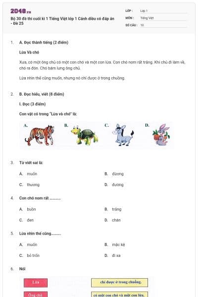 Bộ 30 đề thi cuối kì 1 Tiếng Việt lớp 1 Cánh diều có đáp án - Đề 25