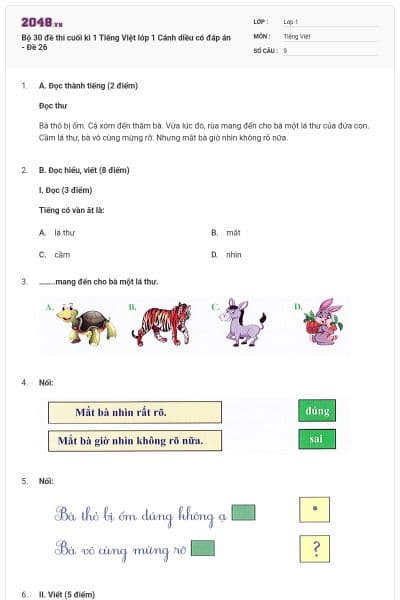 Bộ 30 đề thi cuối kì 1 Tiếng Việt lớp 1 Cánh diều có đáp án - Đề 26