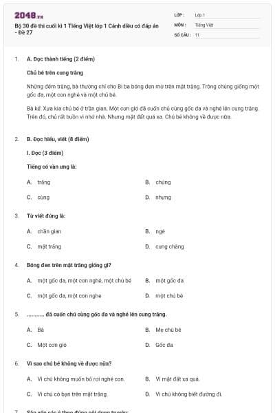Bộ 30 đề thi cuối kì 1 Tiếng Việt lớp 1 Cánh diều có đáp án - Đề 27