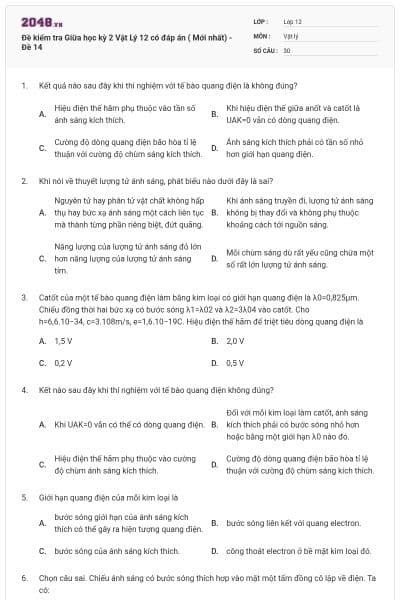 Đề kiểm tra Giữa học kỳ 2 Vật Lý 12 có đáp án ( Mới nhất) - Đề 14