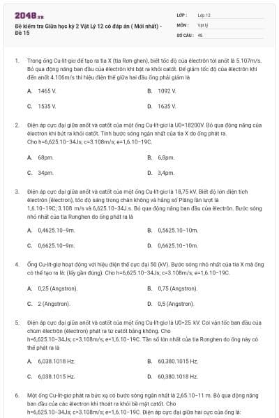 Đề kiểm tra Giữa học kỳ 2 Vật Lý 12 có đáp án ( Mới nhất) - Đề 15