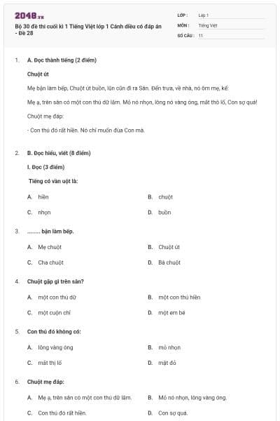 Bộ 30 đề thi cuối kì 1 Tiếng Việt lớp 1 Cánh diều có đáp án - Đề 28