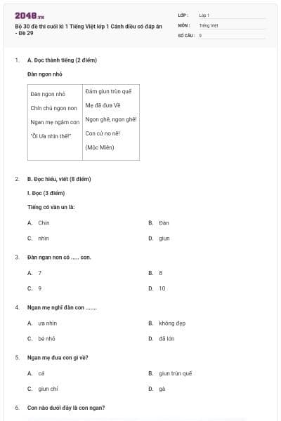 Bộ 30 đề thi cuối kì 1 Tiếng Việt lớp 1 Cánh diều có đáp án - Đề 29