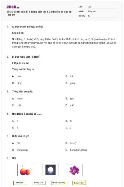 Bộ 30 đề thi cuối kì 1 Tiếng Việt lớp 1 Cánh diều có đáp án - Đề 30