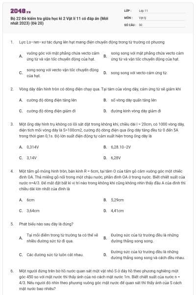 Bộ 22 Đề kiểm tra giữa học kì 2 Vật lí 11 có đáp án (Mới nhất 2023) (Đề 20)