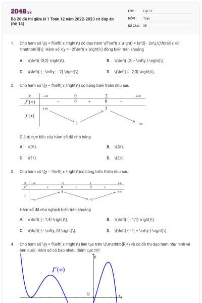 Bộ 20 đề thi giữa kì 1 Toán 12 năm 2022-2023 có đáp án (Đề 14)