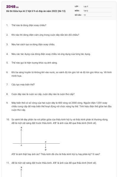 Đề thi Giữa học kì 2 Vật lí 9 có đáp án năm 2022 (Đề 13)