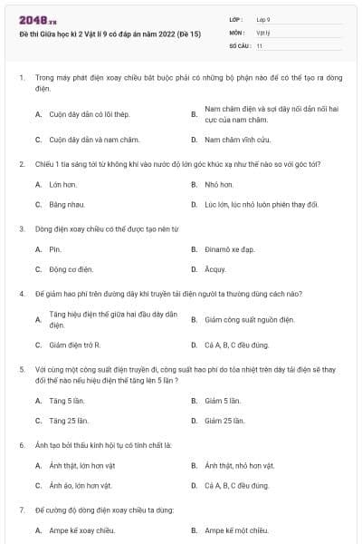 Đề thi Giữa học kì 2 Vật lí 9 có đáp án năm 2022 (Đề 15)