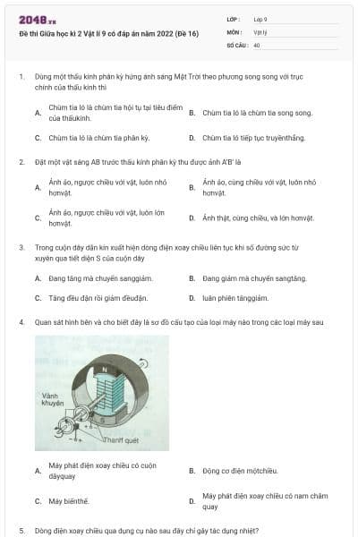 Đề thi Giữa học kì 2 Vật lí 9 có đáp án năm 2022 (Đề 16)
