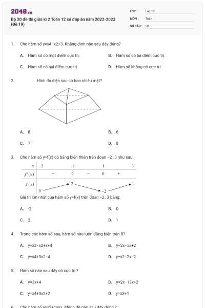 Bộ 20 đề thi giữa kì 2 Toán 12 có đáp án năm 2022-2023 (Đề 19)