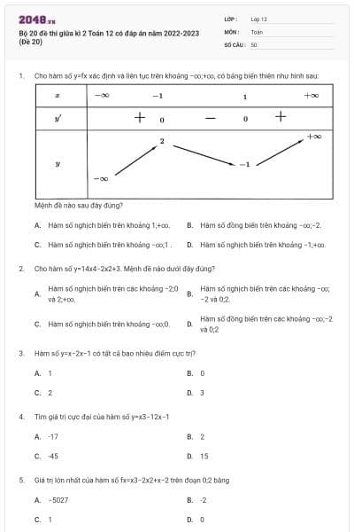 Bộ 20 đề thi giữa kì 2 Toán 12 có đáp án năm 2022-2023 (Đề 20)