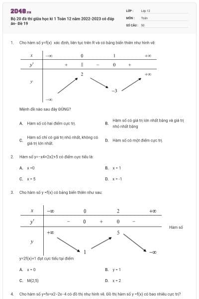 Bộ 20 đề thi giữa học kì 1 Toán 12 năm 2022-2023 có đáp án- Đề 19
