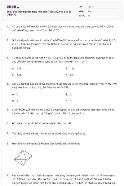 5920 câu Trắc nghiệm tổng hợp môn Toán 2023 có đáp án (Phần 4)