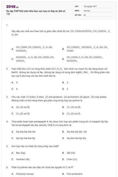 Ôn tập THPTGQ môn Hóa Học cực hay có đáp án (Đề số 13)