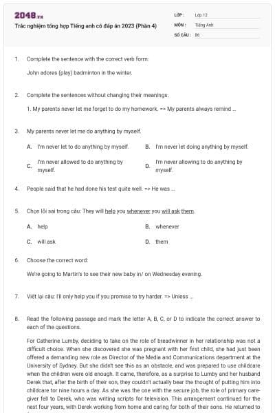 Trắc nghiệm tổng hợp Tiếng anh có đáp án 2023 (Phần 4)